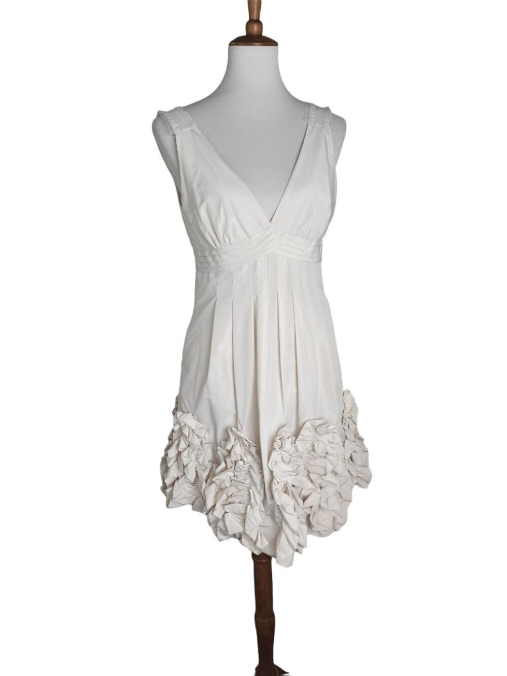 BCBGMAXAZRIA Ivory Corozo Cream V Neck V Back Sleeveless Rose Ruffles Cocktail D